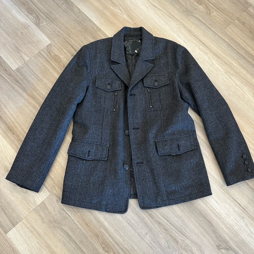 Guess Men's wool blend gray and Black Plaid Pea Coat size M